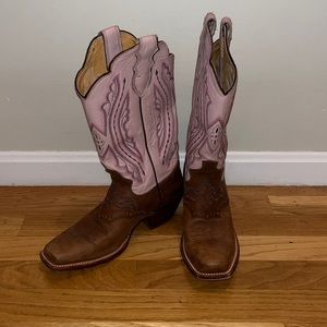 Ladies Punchy Pink with Coffee Westerner Cowhide Foot Wide Square Toe Boots
